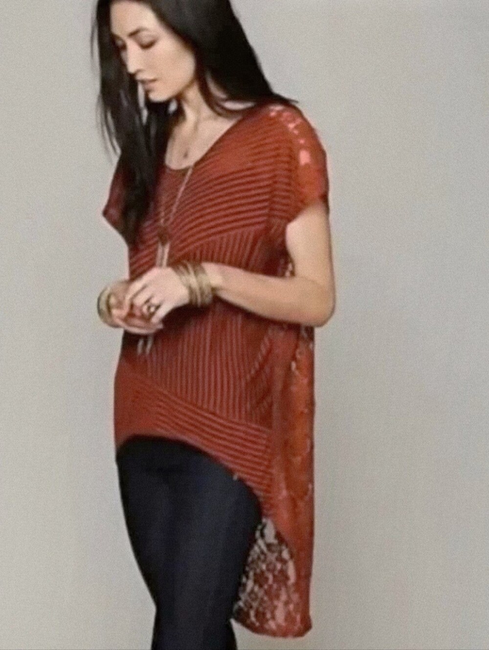 Free People Daydream High Low Lace Back Tunic Top Sedona Burndt Orange Stripe SM